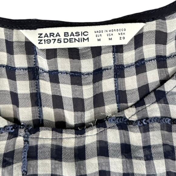 Zara Navy Blue White Gingham Sequin Flutter Sleeve Sheer Peplum Blouse size M - Picture 4 of 10